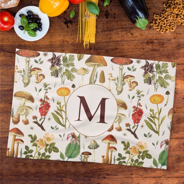 Monogrammed Vintage Mushroom Wildflower Pattern Kitchen Towel (In situ Kitchen table)