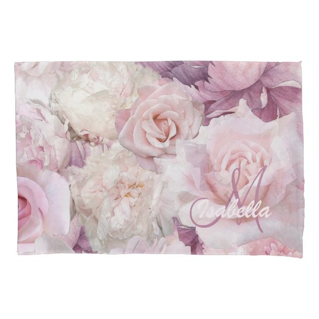 Monogrammed Vintage Pink Botanical Garden Painting Pillowcase (Front)