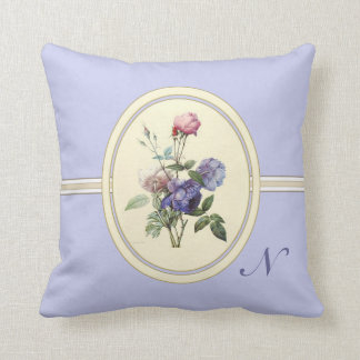 Monogrammed Vintage Pink Roses and Purple Flowers Throw Pillow