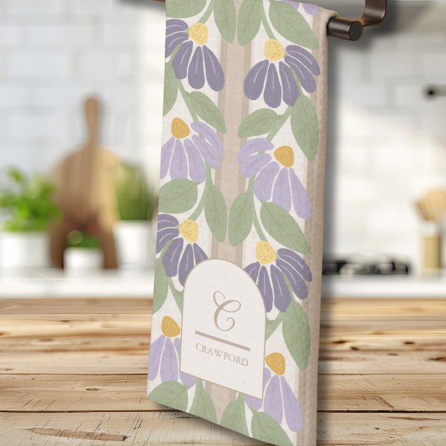 Monogrammed Vintage Purple Floral Kitchen Towel (Vintage Floral Kitchen Towel – Botanical Stripe Design for Spring & Everyday Joy)