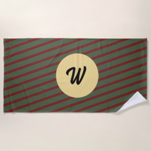 monogrammed Vintage Red & green Stripe pattern Beach Towel