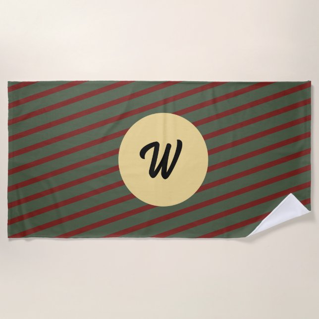 monogrammed Vintage Red & green Stripe pattern Beach Towel (Front)
