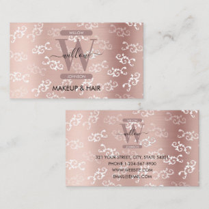Monogrammed Vintage Rose Gold Damask Makeup Hair Business Card