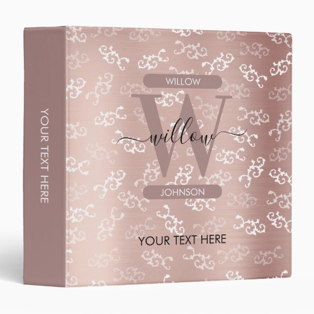 Monogrammed Vintage Rose Gold Damask Pattern Binder (Front/Spine)