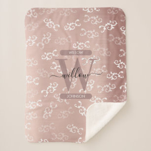 Monogrammed Vintage Rose Gold Damask Pattern  Sherpa Blanket