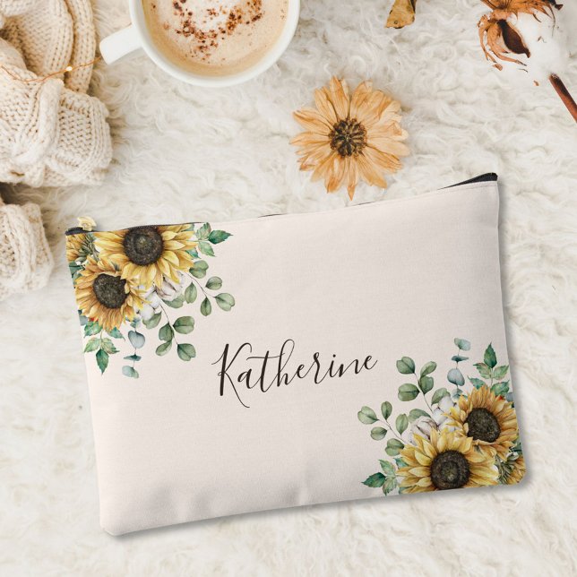 Monogrammed Vintage Rustic Sunflower Accessory Pouch (In situ, on rug)