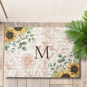 Monogrammed Vintage Rustic Sunflower Calligraphy Doormat
