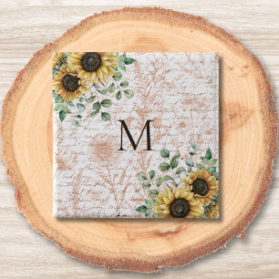 Monogrammed Vintage Rustic Sunflower Decoupage 2 Inch Square Button