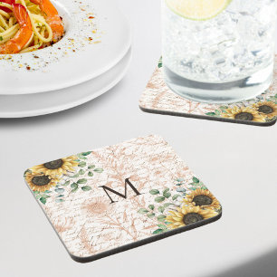 Monogrammed Vintage Rustic Sunflower Decoupage Glass Coaster