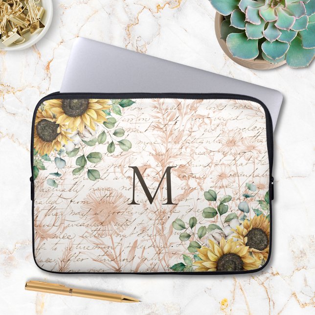 Monogrammed Vintage Rustic Sunflower Decoupage Laptop Sleeve (In situ on table)