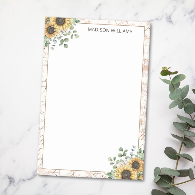 Monogrammed Vintage Rustic Sunflower Decoupage Post-it Notes (In situ on table)