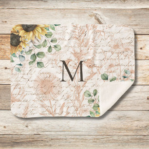 Monogrammed Vintage Rustic Sunflower Decoupage Sherpa Blanket