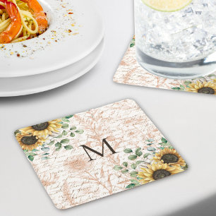Monogrammed Vintage Rustic Sunflower Decoupage Square Paper Coaster