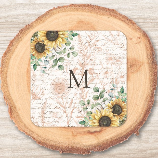 Monogrammed Vintage Rustic Sunflower Decoupage Square Sticker (In situ on wood)