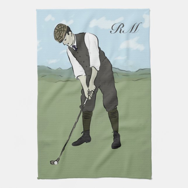 Monogrammed Vintage Style golf art Kitchen Towel (Vertical)