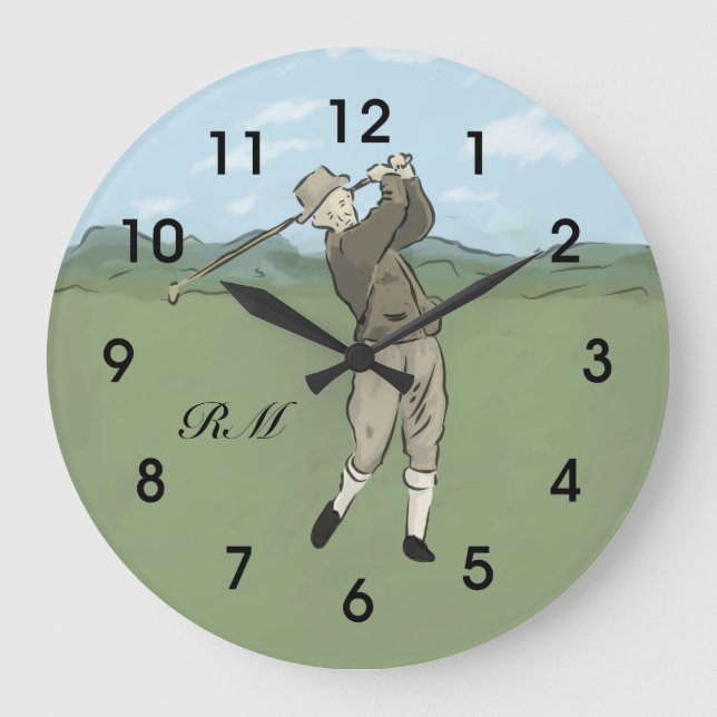 Monogrammed Vintage Style golf art Large Clock (Front)