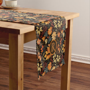 Monogrammed Vintage Themed Autumn Foliage Pattern Short Table Runner