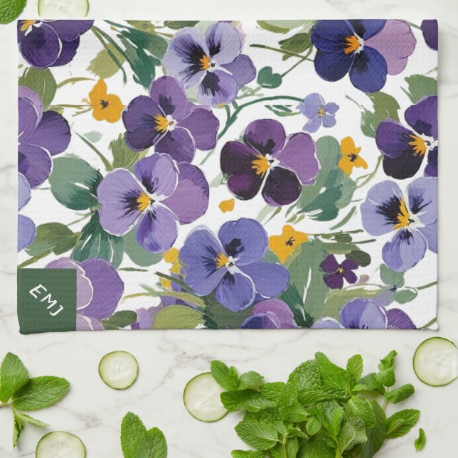 Monogrammed Violet Flowers Pretty Floral Botanical Kitchen Towel (Folded)
