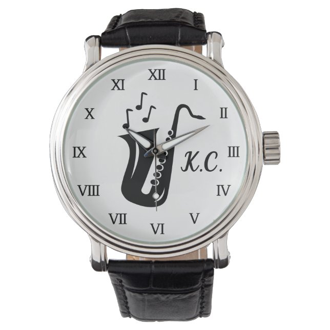 Monogrammed watch gift for saxophone player (Front)