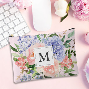 Monogrammed Watercolor Blue Pink Spring Floral Accessory Pouch