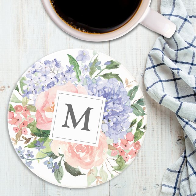 Monogrammed Watercolor Blue Pink Spring Floral Coaster (In situ)