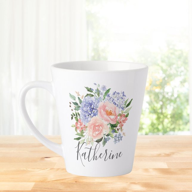 Monogrammed Watercolor Blue Pink Spring Floral Latte Mug (In situ Kitchen table)