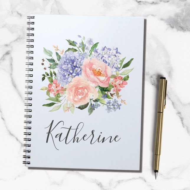 Monogrammed Watercolor Blue Pink Spring Floral Notebook (In situ)