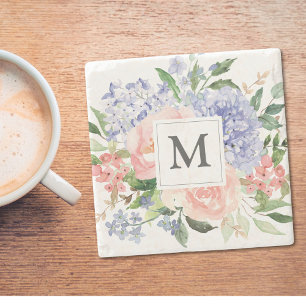 Monogrammed Watercolor Blue Pink Spring Floral Stone Coaster