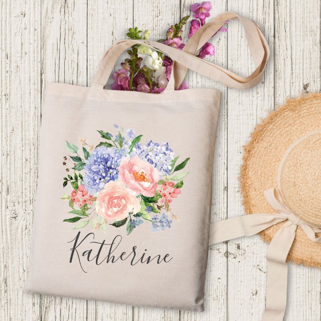 Monogrammed Watercolor Blue Pink Spring Floral Tote Bag (In situ)