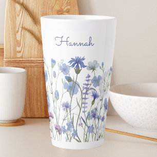 Monogrammed Watercolor Blue Wildflower Meadow Latte Mug