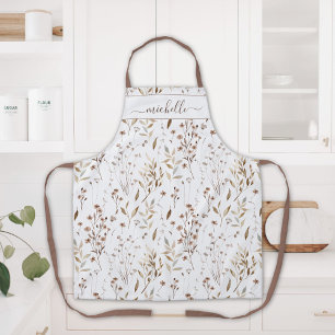 Monogrammed Watercolor Brown Wildflowers Leaves Apron