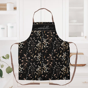 Monogrammed Watercolor Brown Wildflowers Leaves Apron