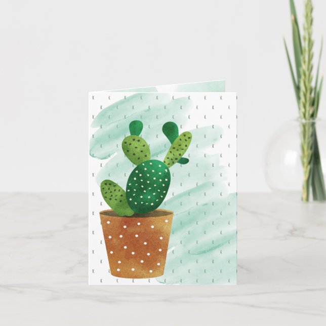 Monogrammed Watercolor Cactus Everyday Greeting Card (Front)