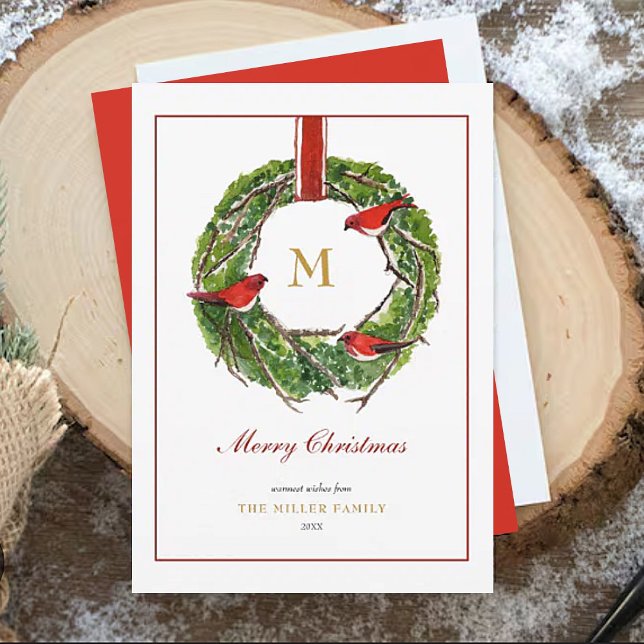 Monogrammed Watercolor Christmas Wreath  Holiday Card (Creator Uploaded)