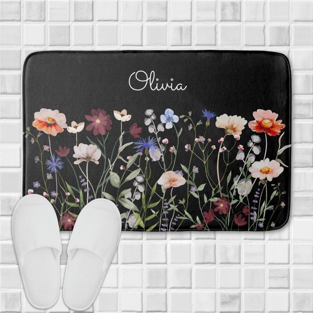 Monogrammed Watercolor Colourful Wildflower Meadow Bath Mat (In situ)