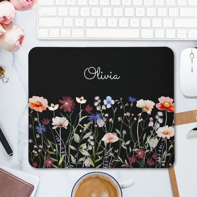 Monogrammed Watercolor Colourful Wildflower Meadow Mouse Pad (In situ)