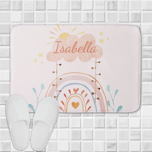 Monogrammed Watercolor Cute Rainbow Kids Bath Mat (In situ)