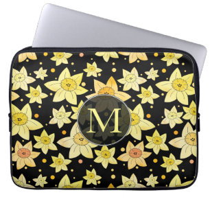 Monogrammed Watercolor Daffodil Pattern Laptop Sleeve