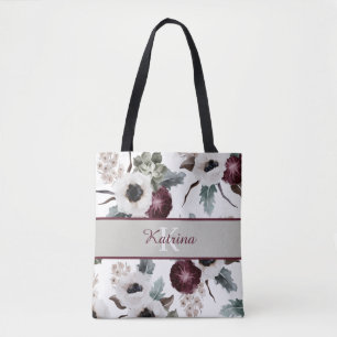 Monogrammed Watercolor Floral Tote Bag