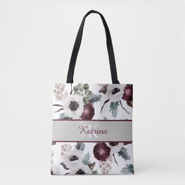 Monogrammed Watercolor Floral Tote Bag (Front)