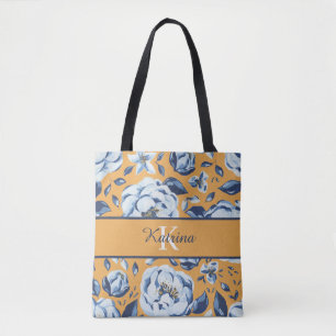 Monogrammed Watercolor Floral Tote Bag