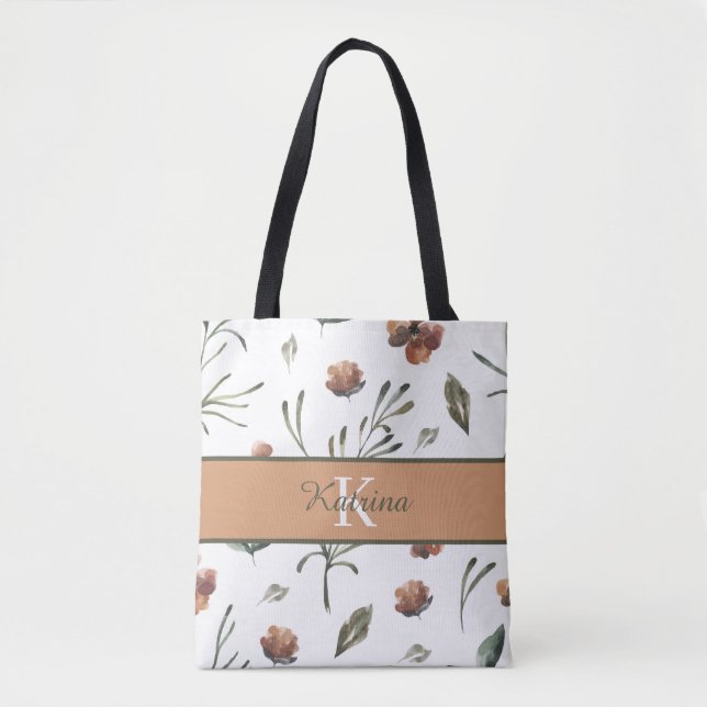 Monogrammed Watercolor Floral Tote Bag (Front)