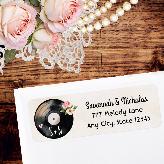 Monogrammed Watercolor Floral Vinyl Record (A monogrammed vinyl record return address label with floral accents and vintage, elegant charm. )
