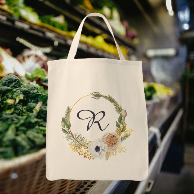Monogrammed Watercolor Floral Wreath Tote Bag (Creator Uploaded)