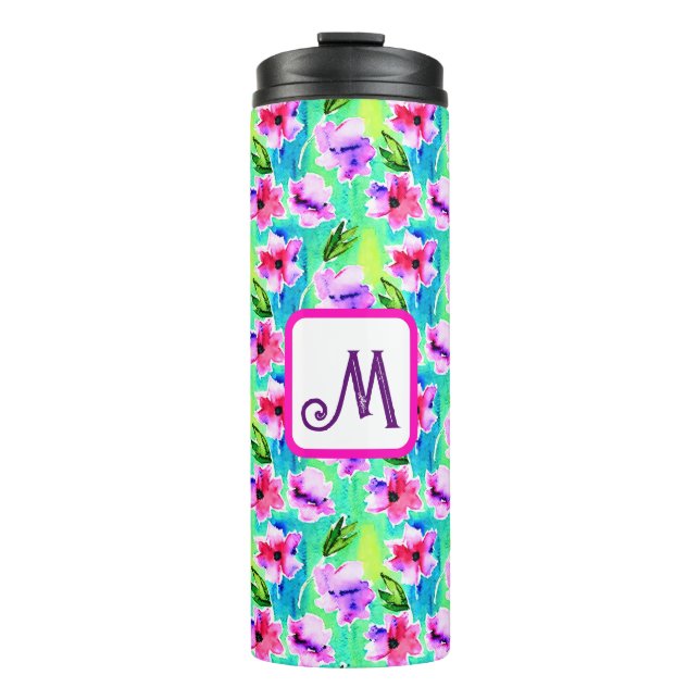 Monogrammed Watercolor Flowers  Thermal Tumbler (Front)