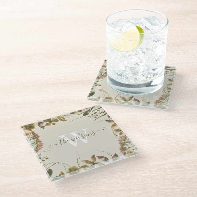 Monogrammed Watercolor Glass Coaster (Angled)