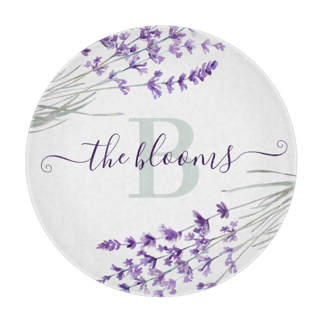 Monogrammed Watercolor Lavender Cutting Board (Front)