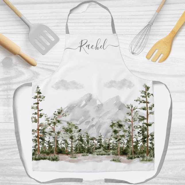 Monogrammed Watercolor Mountain and Forest Apron (Close up)