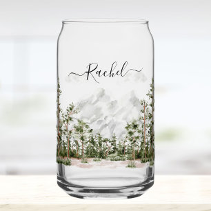 Monogrammed Watercolor Mountain and Forest Can Glass