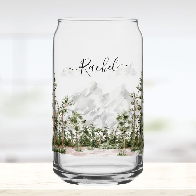 Monogrammed Watercolor Mountain and Forest Can Glass (In situ)
